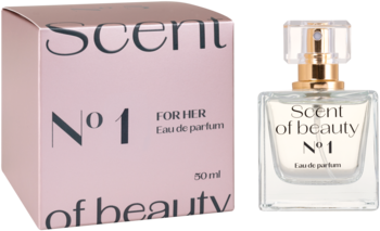 Scent of beauty N°1 woda perfumowana dla kobiet. Różowe pudełko obok szklanej butelki ze złotą zakrętką.