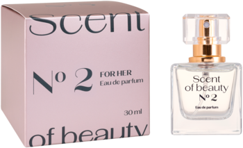 Scent of beauty N°2, woda perfumowana damska w przezroczystej butelce i różowym pudełku, widok pod kątem.