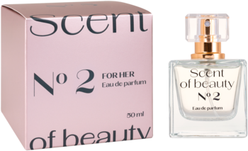 Scent of beauty N&deg;2 woda perfumowana dla kobiet. Szklana butelka z atomizerem obok różowego opakowania.