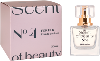 Scent of beauty N°4 woda perfumowana 30ml. Różowe pudełko i szklana butelka ze złotym atomizerem, widok z przodu.