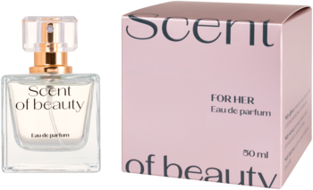 Scent of beauty woda perfumowana dla kobiet 50ml, szklana butelka i różowe pudełko, lekko pod kątem.