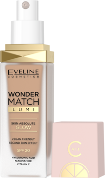 Rozświetlający podkład Eveline Wonder Match Lumi w szklanej butelce z pompką, obok różowe opakowanie VIT C.