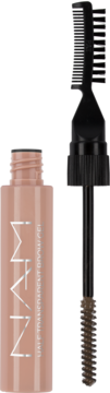 NAM Half Transparent Brow Gel w jasnobrązowej butelce, z wysuniętą szczoteczką i grzebykiem, widok z przodu.