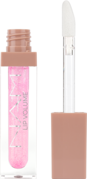 NYX Lip Volume błyszczyk powiększający, różowy z brokatem, z aplikatorem Jumbo obok otwartej butelki.