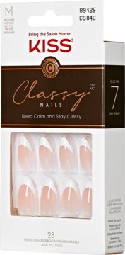 KISS Classy Nails French Tip sztuczne paznokcie, białe końcówki, beżowa baza, w opakowaniu 28 sztuk, widok z przodu.
