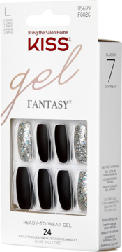 Białe pudełko z paznokciami KISS Gel Fantasy: długie, matowe czarne i błyszczące srebrne, klej w zestawie.