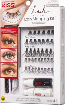 Białe pudełko KISS Lash Couture Lash Mapping Kit, z 42 kępkami rzęs, pęsetą, klejem i szablonem.