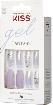 KISS Gel Fantasy długie sztuczne paznokcie w pudełku. Fioletowe, brokatowe i opalizujące, widok z przodu opakowania.