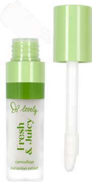 Biały rozświetlający kamuflaż Lovely Fresh & Juicy z aplikatorem, otwarte opakowanie, zielone detale.