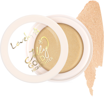 Złoty rozświetlacz Jelly Gold w otwartym okrągłym słoiczku z białym wieczkiem i obok złoty swatch produktu.