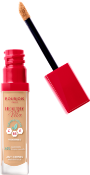 Bourjois Healthy Mix Clean korektor, beżowa butelka z czerwoną zakrętką, aplikator z produktem pod kątem.