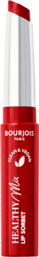 Czerwona pomadka Bourjois Healthy Mix Clean Lip Sorbet z wysuniętym sztyftem, widoczny napis Clean & Vegan.