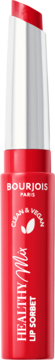 Czerwony Bourjois Healthy Mix Lip Scrub, widok z przodu, z wysuniętym sztyftem i napisem "Clean & Vegan".