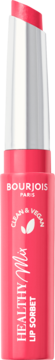 Bourjois Healthy Mix Clean Lip Sorbet, różowa pomadka nawilżająca w srebrno-różowym opakowaniu, widok z przodu.