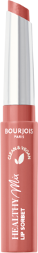 Koralowy lip scrub Bourjois Healthy Mix Clean & Vegan, sztyft wysunięty ze srebrnego etui, widok z przodu.