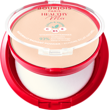 Wegański puder matujący Bourjois Healthy Mix Clean w otwartym, czerwono-przejrzystym kompakcie z białym puszkiem.