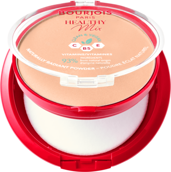 Matujący puder Bourjois Healthy Mix Clean w otwartym, czerwonym kompakcie. Jasnobeżowy, z witaminami i aplikatorem.