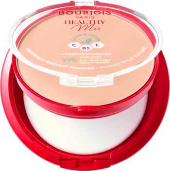 Otwarty matujący puder Bourjois Healthy Mix Clean, beżowy, z witaminami i puszkiem, widok z góry.