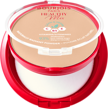 Bourjois Healthy Mix Clean, matujący puder prasowany w otwartym, czerwonym kompakcie z białym aplikatorem.