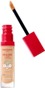 Bourjois Healthy Mix Clean korektor pod oczy w jasnym odcieniu, z wysuniętym aplikatorem z beżowym płynem.