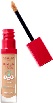 Beżowy korektor Bourjois Healthy Mix Clean w szklanej butelce z czerwoną zakrętką i wyciągniętym aplikatorem.