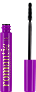 Fioletowy tusz do rzęs WIBO Romantic Lashes volume & length, otwarty, z czarną szczoteczką.