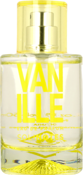 Solinotes Vanilla, woda perfumowana w szklanej butelce z żółtym płynem i rzeźbioną podstawą, widok z przodu.