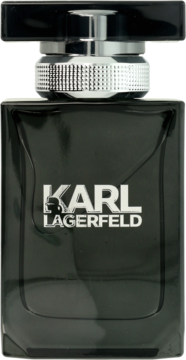 Karl Lagerfeld woda toaletowa męska, czarna butelka z logo i srebrnym, teksturowanym korkiem, widok z przodu.
