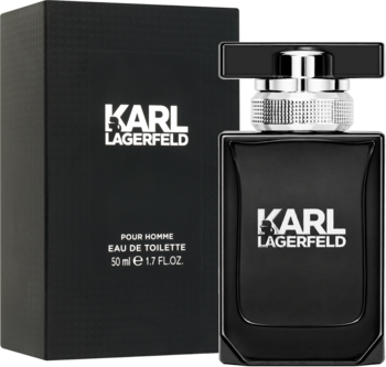 Karl Lagerfeld Pour Homme woda toaletowa dla mężczyzn, czarna butelka ze srebrną zakrętką i pudełko, widok z przodu.