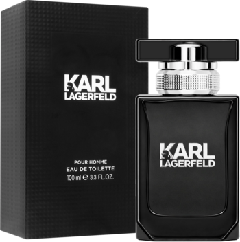 Karl Lagerfeld Pour Homme, aromatyczna woda toaletowa. Z przodu: czarny flakon 100ml ze srebrnym korkiem i pudełko.