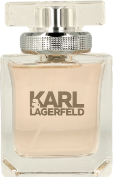 Karl Lagerfeld kwiatowo-owocowa woda perfumowana. Przezroczysta butelka z beżowym płynem i srebrną nakrętką, z przodu.
