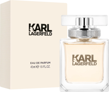 Karl Lagerfeld kwiatowo-owocowa woda perfumowana dla kobiet, butelka obok pudełka, widok z przodu.