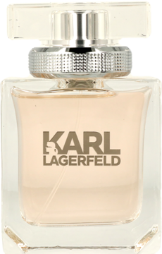 Karl Lagerfeld kwiatowo-owocowa woda perfumowana, beżowy płyn w szklanej butelce ze srebrnym detalem, widok z przodu.