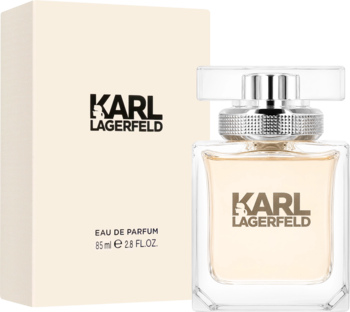 Karl Lagerfeld kwiatowo-owocowa woda perfumowana w jasnej szklanej butelce, obok beżowe pudełko.