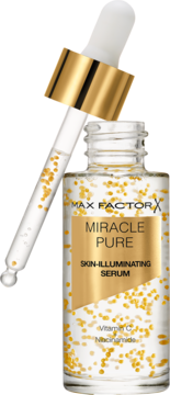Max Factor Miracle Pure rozświetlające serum, butelka ze złotymi perełkami, wit. C, niacynamid, widok z przodu.