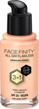 Podkład Max Factor Facefinity All Day Flawless C40 Light Ivory 3w1, z pompką, widok z przodu.
