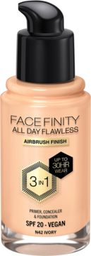 Podkład Max Factor Facefinity All Day Flawless N42 Ivory 3w1, SPF 20, widok butelki z przodu.