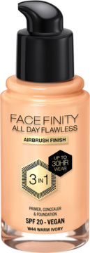Kryjący podkład w płynie Max Factor Facefinity All Day Flawless W44 Warm Ivory, wegański, widok z przodu.