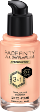 Max Factor Facefinity All Day Flawless C50 Natural Rose, wegański podkład 3w1, w butelce z pompką.