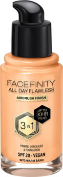 Max Factor Facefinity All Day Flawless podkład 3w1 SPF 20 W70 Warm Sand, butelka z pompką, widok z przodu.