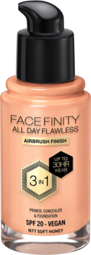 Kryjący podkład Max Factor Facefinity All Day Flawless Soft Honey w szklanej butelce z pompką, widok z przodu.