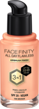 Max Factor Facefinity All Day Flawless C80 Bronze foundation, glass bottle with pump, 3-in-1 vegan SPF 20.