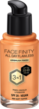 Podkład Max Factor Facefinity All Day Flawless N84 Soft Toffee 3w1 SPF 20, w pomarańczowej butelce z pompką.