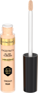 Max Factor Facefinity All Day Flawless concealer, otwarta butelka z beżowym płynem i wyjętym aplikatorem obok.