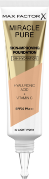 Max Factor Miracle Pure podkład nawilżający SPF30 PA+++, biała tubka ze złotą górą, odcień Light Ivory, otwarty.