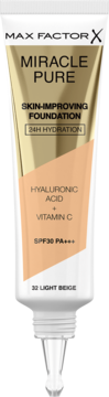 Max Factor Miracle Pure podkład, tubka 32 Light Beige, z kwasem hialuronowym i wit. C, SPF30, widok z przodu.