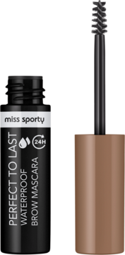 Miss Sporty Perfect to Last wodoodporna maskara do brwi, otwarta czarna tuba i brązowy aplikator.