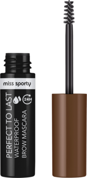 Miss Sporty Perfect to Last Brow Mascara waterproof 24H, czarna butelka z brązowym pędzelkiem wysuniętym.