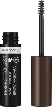Miss Sporty Perfect to Last wodoodporny tusz do brwi 24H, czarna tubka otwarta z aplikatorem obok.