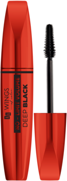 Czerwony tusz do rzęs Wings of Color No-Limit Volume Deep Black z wyjętą silikonową szczoteczką.